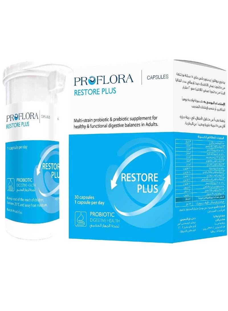 Proflora Restore Plus Multi-Strain Probiotic & Prebiotic Digestive Support Supplement 30 capsules - Image 2