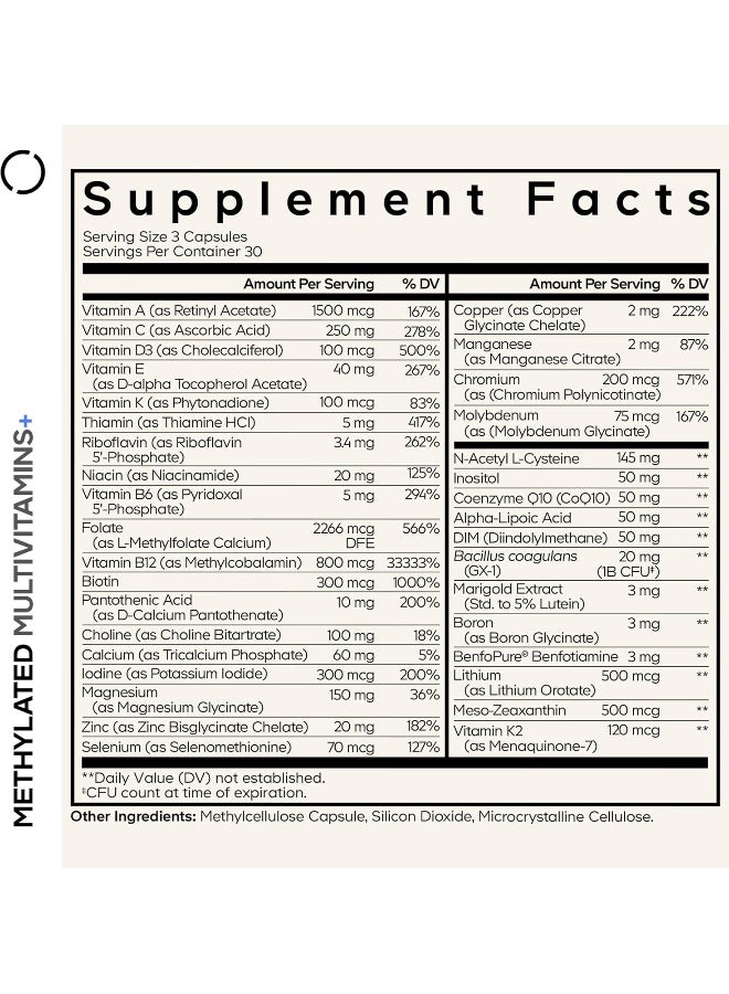 Codeage Methylated Multivitamin Supplement - B-Vitamin, Vitamins A, C, D, E, K2, B12 Methylcobalamin - L-Methylfolate - Magnesium, Coq10, Dim, Probiotics, Benfotiamine, Lithium, Calcium - 90 Capsules - Image 2