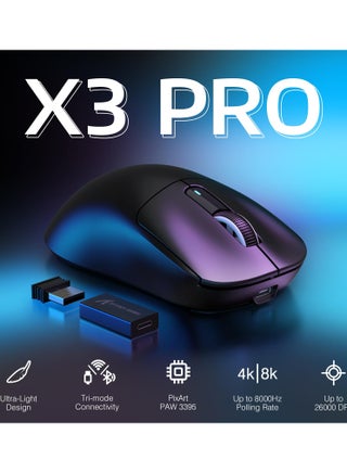 ماوس ألعاب لاسلكي خفيف الوزن X3PRO بدقة 4K/8K مع وضع ثلاثي (سلكي/2.4 جيجاهرتز/بلوتوث)، مستشعر بصري PAW3395، دقة 26 ألف نقطة في البوصة، مفتاح Kailh GM8.0، بطارية طويلة الأمد، 7 أزرار لأجهزة الكمبيوتر الشخصية/الكمبيوتر المحمول/ويندوز/ماك - view 2