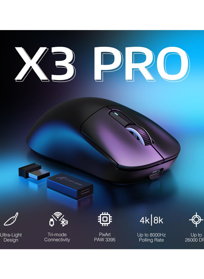 Attack Shark - X3PRO 4K/8K Lightweight Wireless Gaming Mouse with Tri-Mode(Wired/2.4GHz/BT),PAW3395 Optical Sensor,26K DPI,Kailh GM8.0 Switch,Long Battery,7 Buttons for PC/Laptop/Win/Mac - Image 1