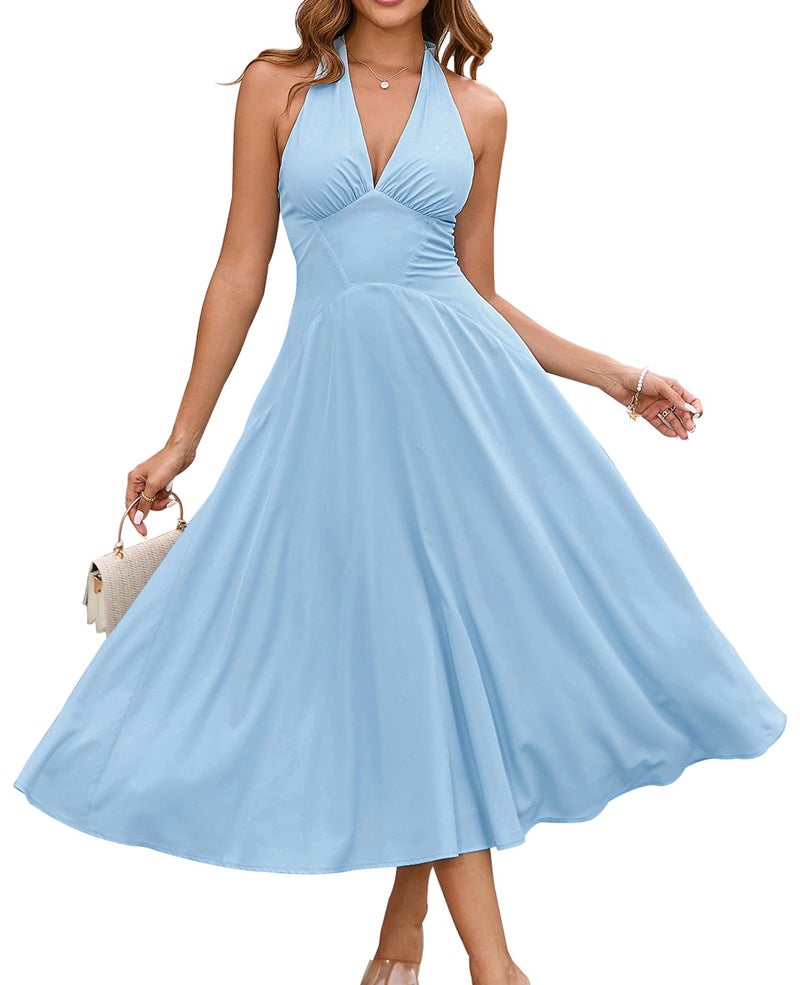 GLNEGE Women's Summer Halter Wedding Guest Midi Dress Corset Flowy A Line Tea Party Dresses Smocked Milkmaid Sundress 2026 Blue - Image 1