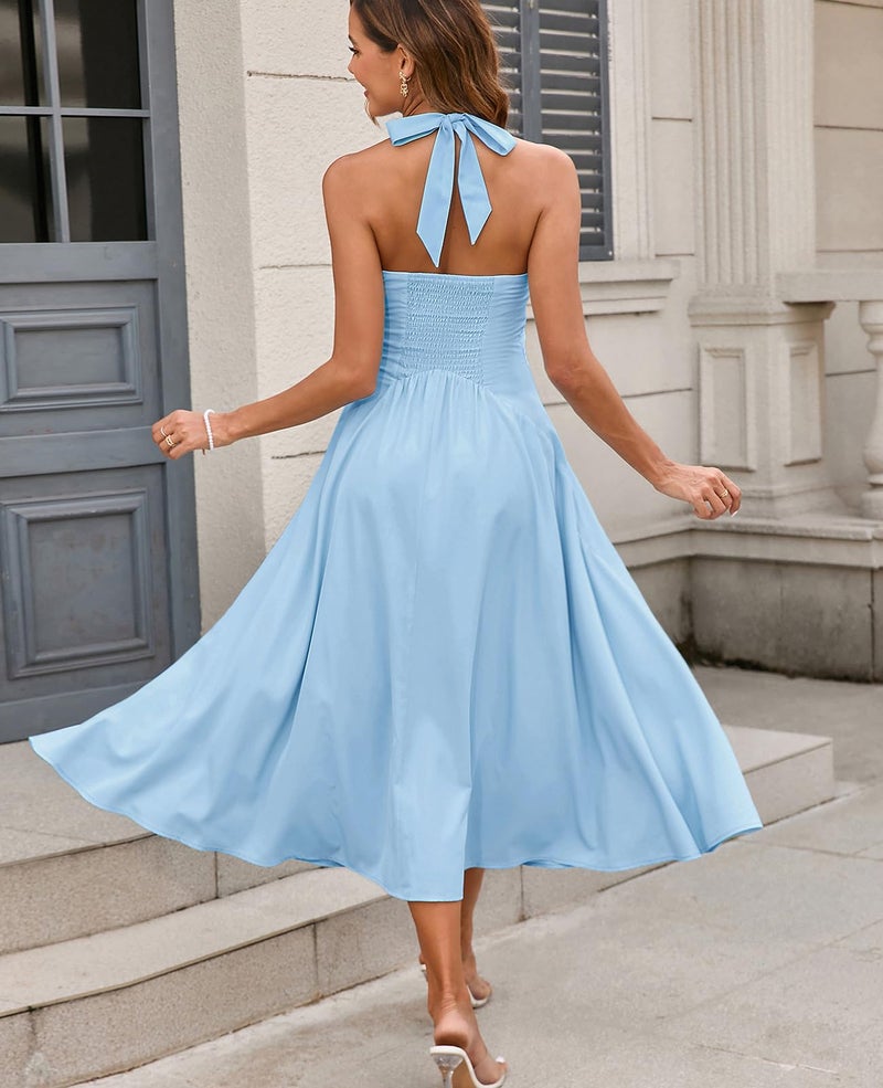 GLNEGE Women's Summer Halter Wedding Guest Midi Dress Corset Flowy A Line Tea Party Dresses Smocked Milkmaid Sundress 2026 Blue - Image 3
