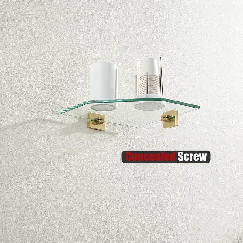 Jqk Corner Glass Shelf  Brushed Gold Bathroom 304 Stainless Steel Shower Triangle Floating Wall Shelf  10 X 10 Tempered Glass  2 Pack Tgs290L10-Bg-P2 - Image 3