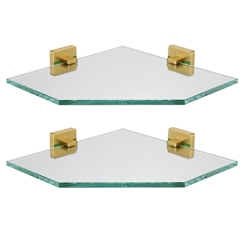 Jqk Corner Glass Shelf  Brushed Gold Bathroom 304 Stainless Steel Shower Triangle Floating Wall Shelf  10 X 10 Tempered Glass  2 Pack Tgs290L10-Bg-P2 - Image 1