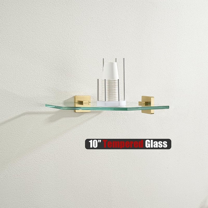 Jqk Corner Glass Shelf  Brushed Gold Bathroom 304 Stainless Steel Shower Triangle Floating Wall Shelf  10 X 10 Tempered Glass  2 Pack Tgs290L10-Bg-P2 - Image 5