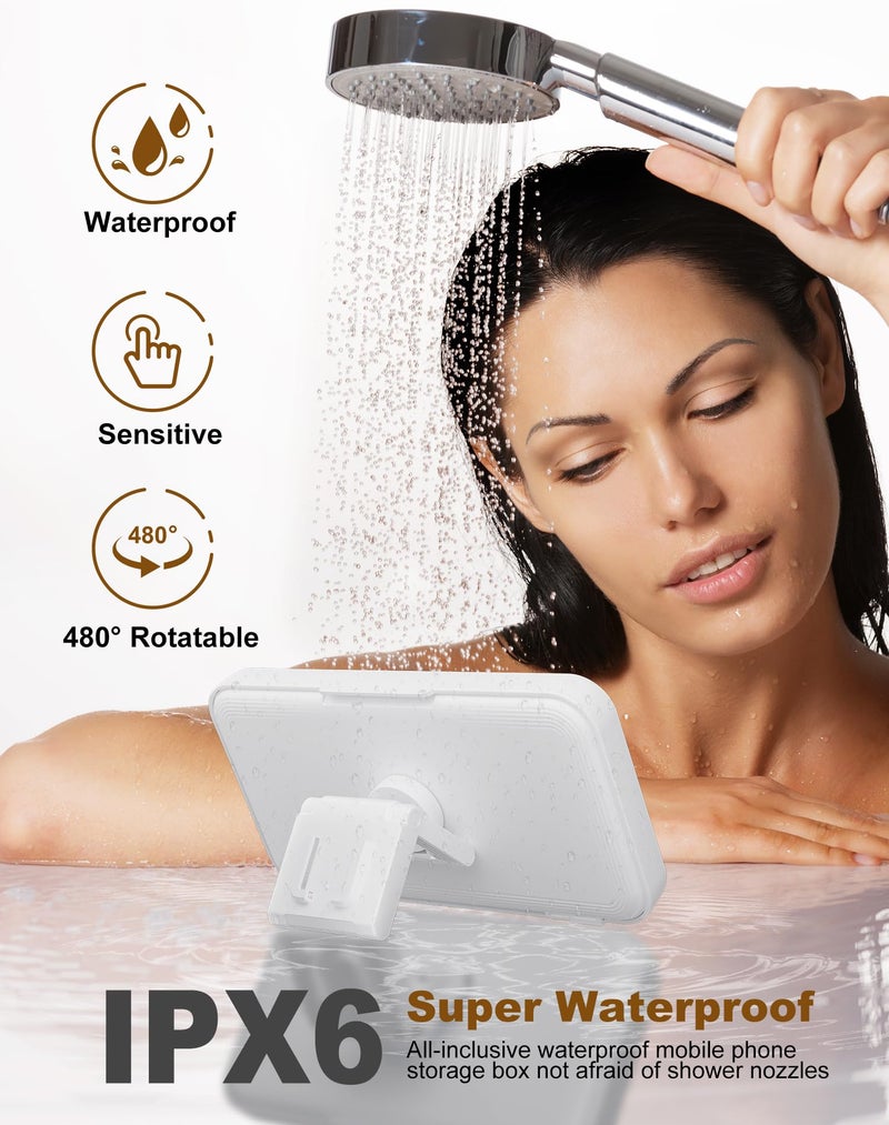 TOCHIO Upgraded Shower Phone Holder Waterproof with Speaker Hole Screentouch Shower Phone Stand Case Mount for Bathroom Bathtub Kitchen Wall Mirror for iPhone1716 15 14 13 12 11 Pro XS XR Max (White) - Image 2