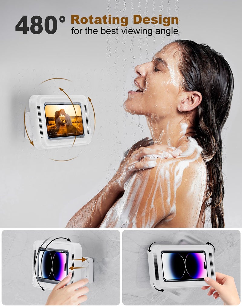 TOCHIO Upgraded Shower Phone Holder Waterproof with Speaker Hole Screentouch Shower Phone Stand Case Mount for Bathroom Bathtub Kitchen Wall Mirror for iPhone1716 15 14 13 12 11 Pro XS XR Max (White) - Image 4