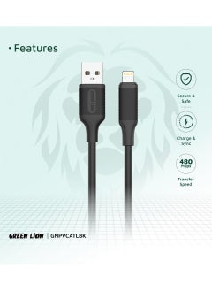GREEN LION USB-A To Lightning PVC Cable / PVC Material / 1 Meter Length / Super Durable / Secure & Safe / Charge & Sync / 480Mbps Transfer Speed / High Speed Charging / Quick Data Sync / 10000 Bends Life Span / Premium Quality - Black  - Image 2
