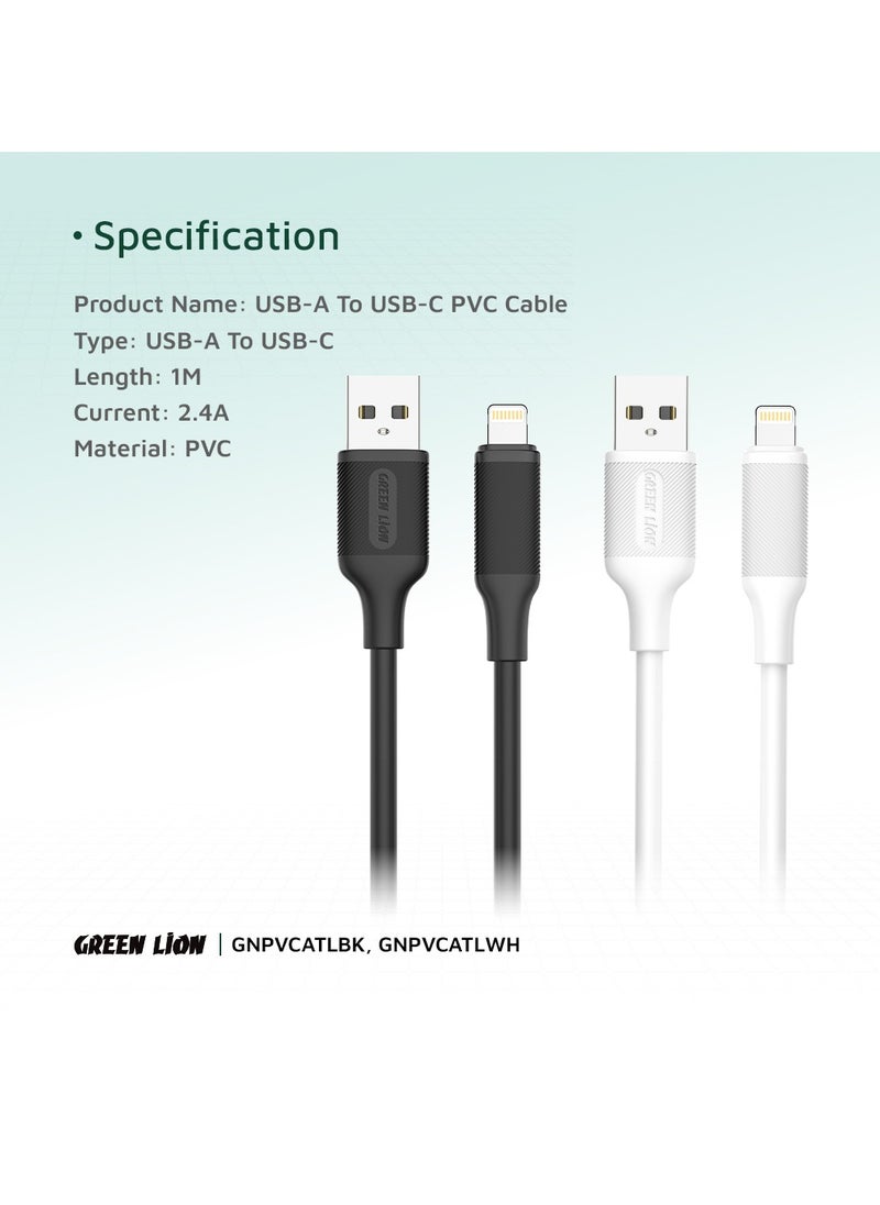 USB-A To Lightning PVC Cable / PVC Material / 1 Meter Length / Super Durable / Secure & Safe / Charge & Sync / 480Mbps Transfer Speed / High Speed Charging / Quick Data Sync / 10000 Bends Life Span / Premium Quality - Black