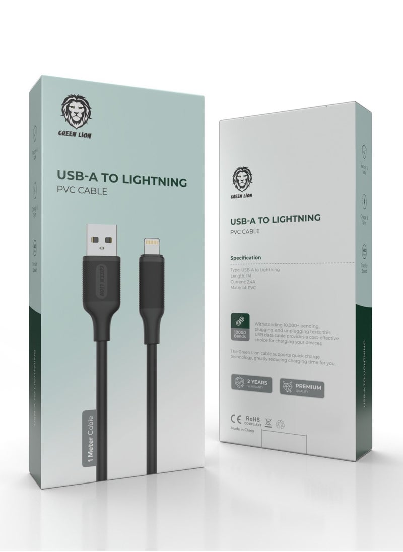 USB-A To Lightning PVC Cable / PVC Material / 1 Meter Length / Super Durable / Secure & Safe / Charge & Sync / 480Mbps Transfer Speed / High Speed Charging / Quick Data Sync / 10000 Bends Life Span / Premium Quality - Black