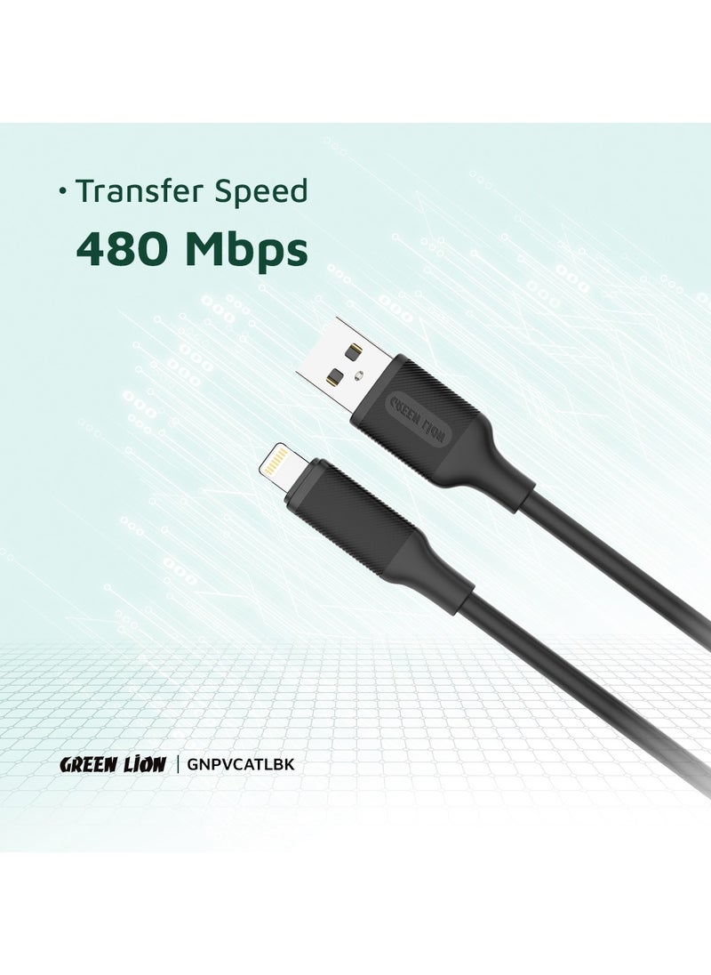 GREEN LION USB-A To Lightning PVC Cable / PVC Material / 1 Meter Length / Super Durable / Secure & Safe / Charge & Sync / 480Mbps Transfer Speed / High Speed Charging / Quick Data Sync / 10000 Bends Life Span / Premium Quality - Black  - Image 3