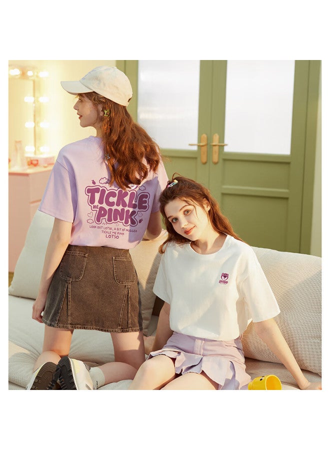 Tonlion Summer Women's Strawberry Bear Print Round Neck Short Sleeve T-shirt M Light Purple - Image 4