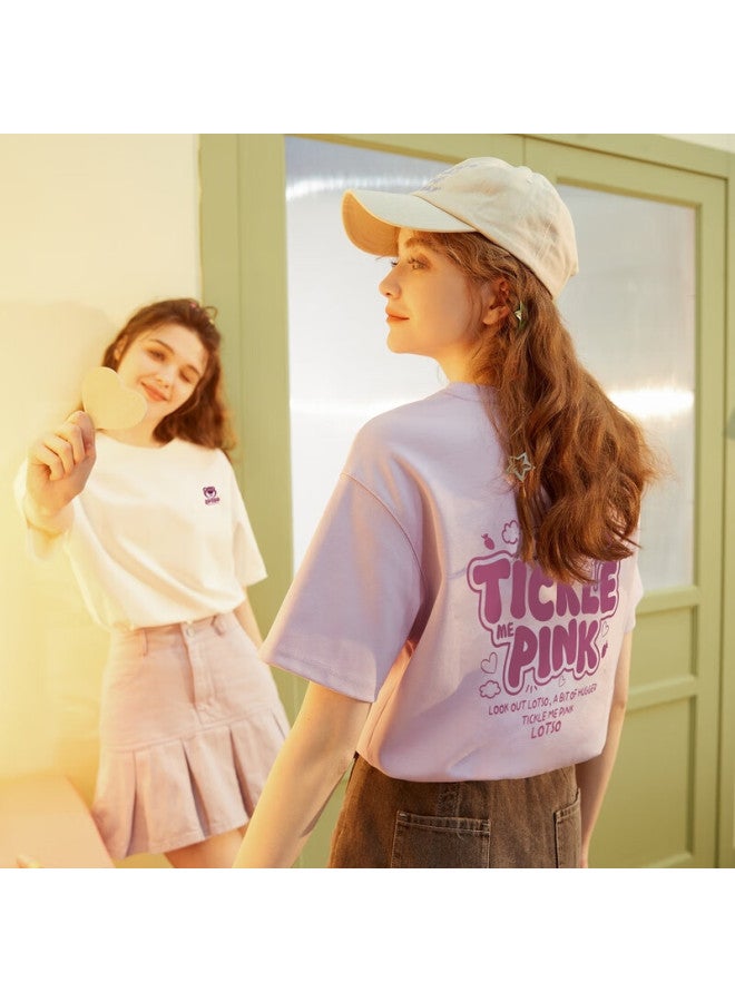 Tonlion Summer Women's Strawberry Bear Print Round Neck Short Sleeve T-shirt M Light Purple - Image 2