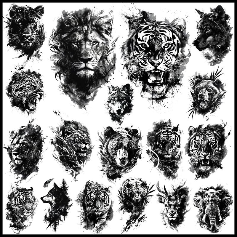 CHARLNET 18 Pcs Realistic Tiger Bear Lion Wolf Temporary Tattoos for Men Adults Black Fake Animals Tattoo Stickers for Men Women Adult Body Art Arm Chest Shoulder