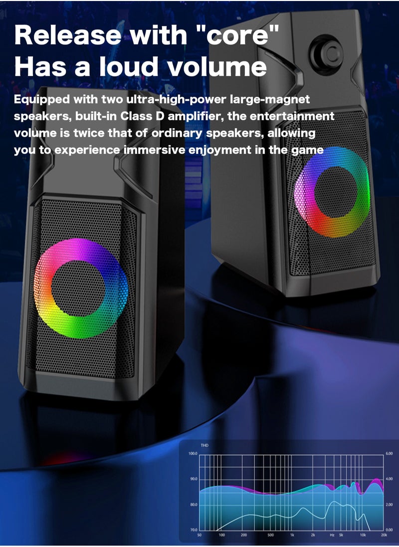 BONKS - Desktop Speakers, 2.0 Channel PC Computer HiFi Stereo Gaming Speaker with Colorful LED Light Modes, Enhanced Bass and Easy-Access Volume Control, USB Powered with 3.5mm AUX-in - Image 1
