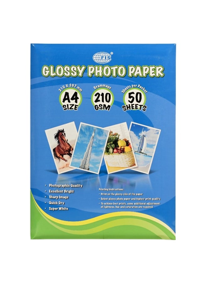 FIS Glossy Photo Paper, A4 Size(210x297mm), 210 Gsm Thickness, 50 Sheets Per Pack-FSPAGP21050N  - Image 1