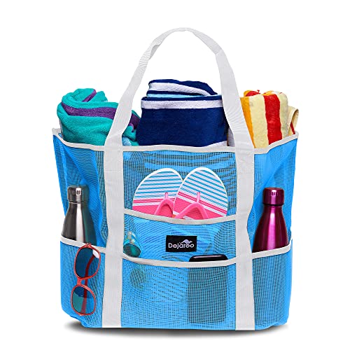 Dejaroo Sand Free Mesh Bag - Strong Lightweight Tote For Beach & Vacation Essentials. Tons of Storage with 8 Pockets, Foldable, 17x9x15 inches, Neon Blue with White Straps - Image 1