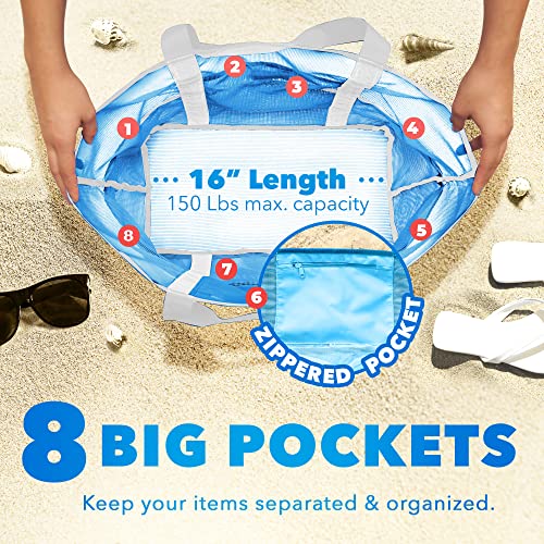 Dejaroo Sand Free Mesh Bag - Strong Lightweight Tote For Beach & Vacation Essentials. Tons of Storage with 8 Pockets, Foldable, 17x9x15 inches, Neon Blue with White Straps - Image 3