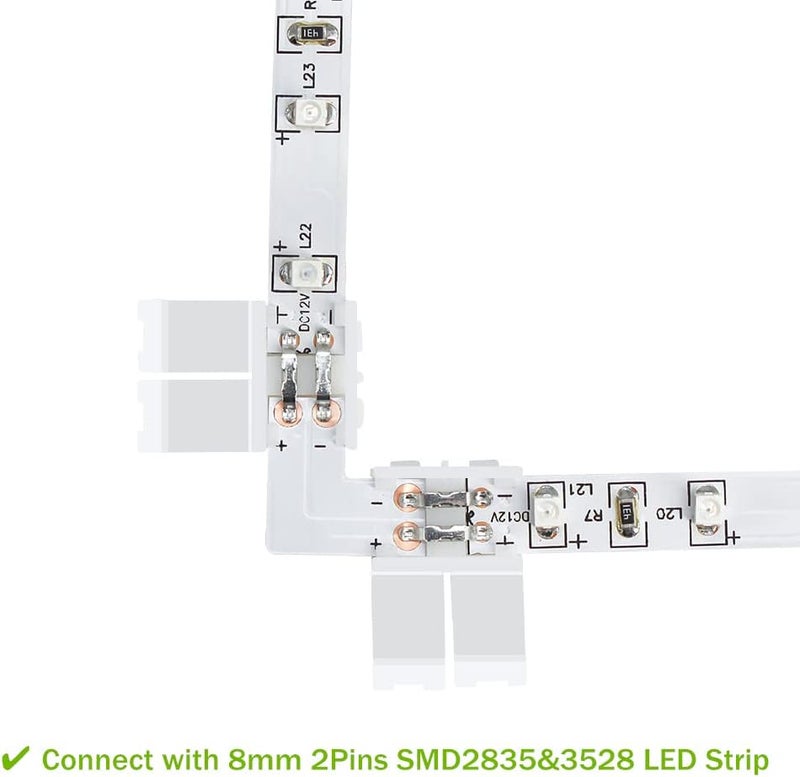 LightingWill 10pcs Pack L Shape Solderless Snap Down 2Conductor LED Strip Connector for Right Angle Corner or 90 Degree Connection of 8mm Wide 3528 2835 Single Color Flex LED Strips - Image 2