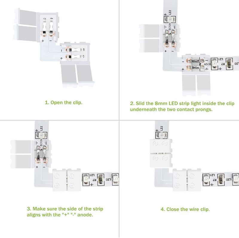 LightingWill 10pcs Pack L Shape Solderless Snap Down 2Conductor LED Strip Connector for Right Angle Corner or 90 Degree Connection of 8mm Wide 3528 2835 Single Color Flex LED Strips - Image 4