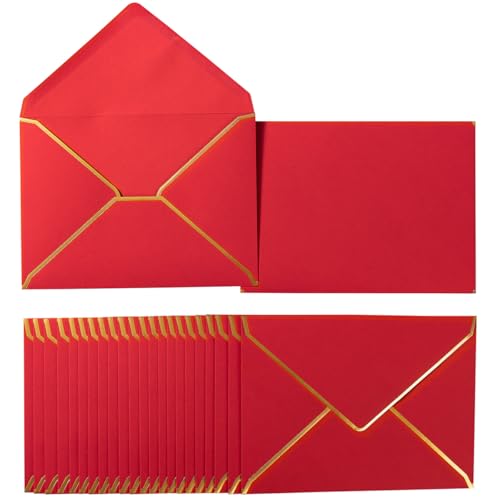 Homtable 50 Pack A7 Envelopes Red 5 x 7 Self-Adhesive V Flap Envelopes with Gold Border for Office, Greeting Card, Wedding, Graduation, Baby Shower, Parties, Invitations (Red, 5x7) - Image 1