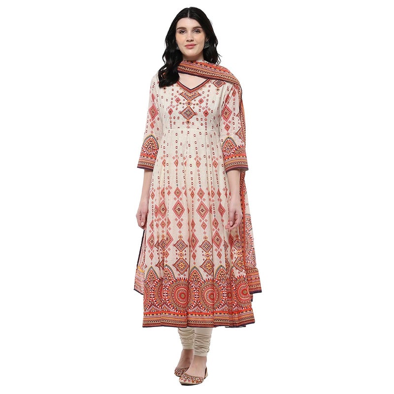 Biba Women Ecru Cotton Printed Anarkali Kurta Set_32 - Image 5