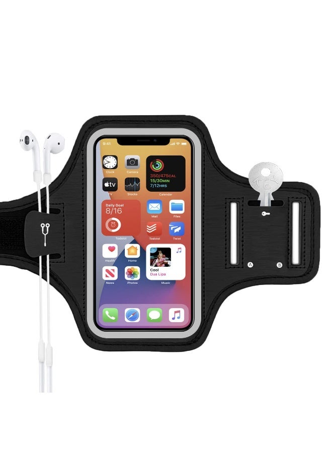 Water Resistant Running Phone Armband – Adjustable Arm Holder with Key Pocket & AirPods Slot, Fits 6.8‑inch Phones, 21‑36 cm, Black - Image 1