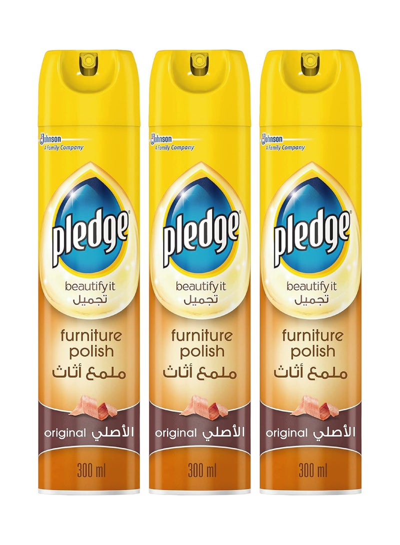 Pledge Furniture Polish Spray, Original Scent 300ml - Pack of 3 - Image 1