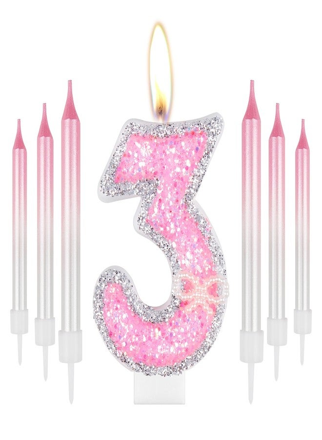 iNINGER Birthday Candle Pink 3rd Candles,Gold Glitter Pink Number Candles with Pearl Bow,Cake Number 3 Birthday Candles for Cake Happy Birthday Cake Topper for Anniversary Party Supplies - Image 1