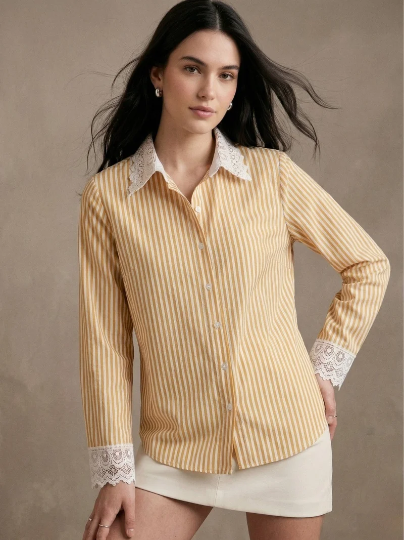 أوجيدر Mustard Striped Lace Trim Shirt