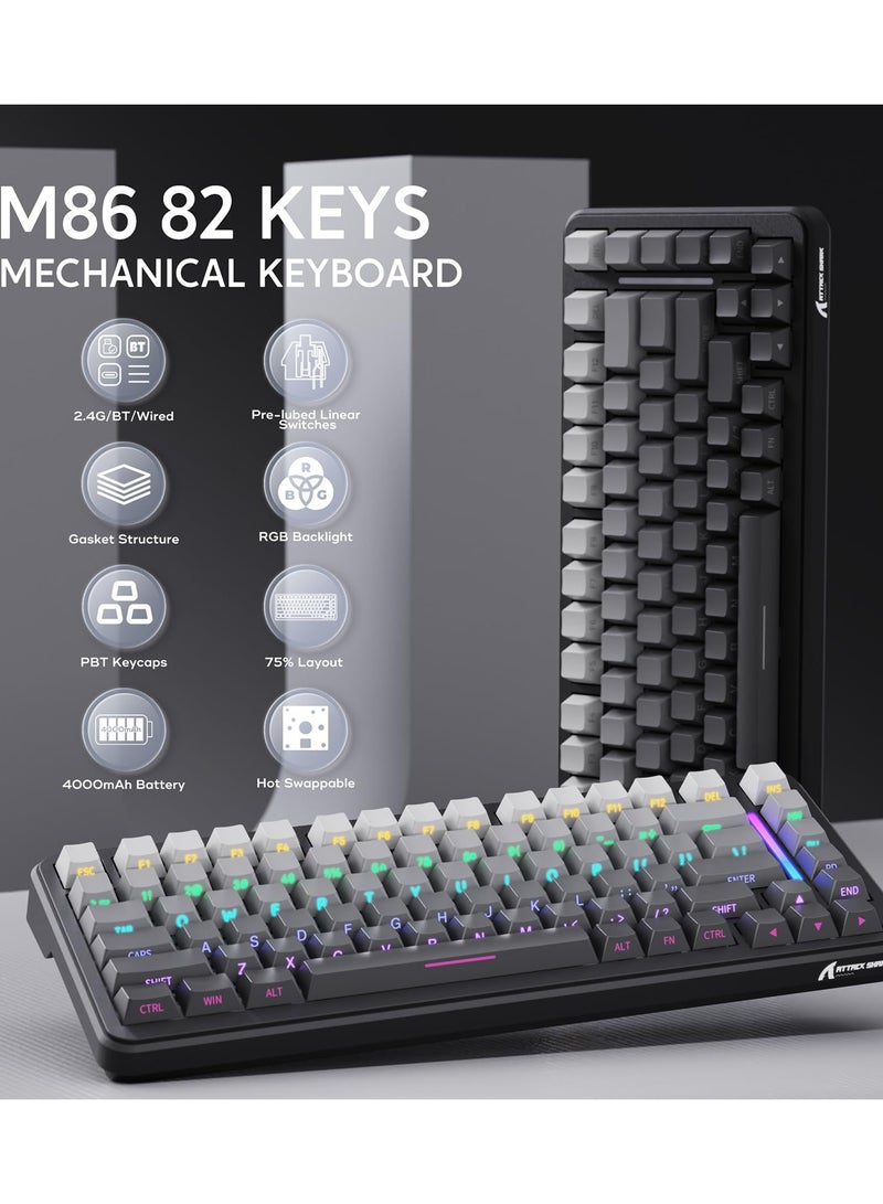 Attack Shark M86 83 Keys Wireless Mechanical Keyboard, 75% Gasket Hot Swappable Custom Keyboard, Side Printed PBT Keycaps, RGB Backlit, Pre-lubed Switches, BT/2.4GHz/ Wired Mechanical Gaming Keyboard - Image 3