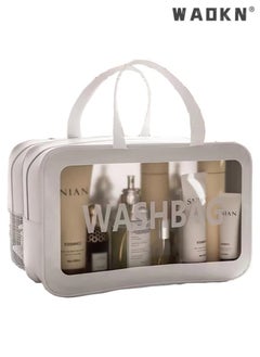 WAOKN Large Capacity Portable Travel Cosmetic Bag, 2 Layer Visible Wet Dry Separated Toiletry Bag with Handles, Clear Handbag Organizer Makeup Case Storage Pouch for Women and Girls (White)  - Image 1