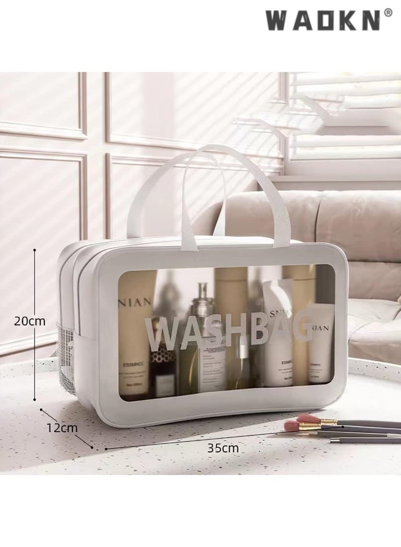 WAOKN Large Capacity Portable Travel Cosmetic Bag, 2 Layer Visible Wet Dry Separated Toiletry Bag with Handles, Clear Handbag Organizer Makeup Case Storage Pouch for Women and Girls (White)  - Image 2