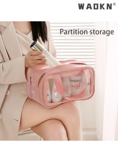 WAOKN Large Capacity Portable Travel Cosmetic Bag, 2 Layer Visible Wet Dry Separated Toiletry Bag with Handles, Clear Handbag Organizer Makeup Case Storage Pouch for Women and Girls (White)  - Image 5