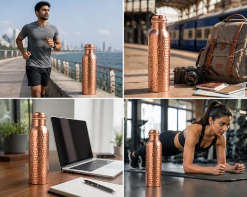INDTRESOR Pure Copper Water Bottle - Handcrafted - Ayurveda health benefits - Large 34 oz - Leak proof - Easy to carry for Sports, Fitness, Yoga, School - Black Base Floral Textured Colorful Enamel - Image 3