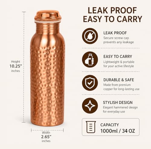 INDTRESOR Pure Copper Water Bottle - Handcrafted - Ayurveda health benefits - Large 34 oz - Leak proof - Easy to carry for Sports, Fitness, Yoga, School - Black Base Floral Textured Colorful Enamel - Image 5