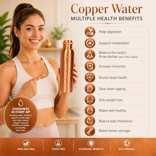 INDTRESOR Pure Copper Water Bottle - Handcrafted - Ayurveda health benefits - Large 34 oz - Leak proof - Easy to carry for Sports, Fitness, Yoga, School - Black Base Floral Textured Colorful Enamel - Image 2