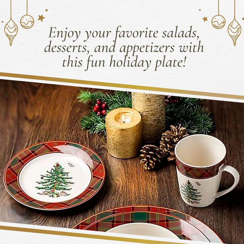 Spode Spode Christmas Tree Tartan Salad Plate  775Inch Earthenware Plate Holiday Tableware for Serving Salads Appetizers Desserts  Dishwasher and Microwave Safe Festive Christmas Dinnerware  - Image 5