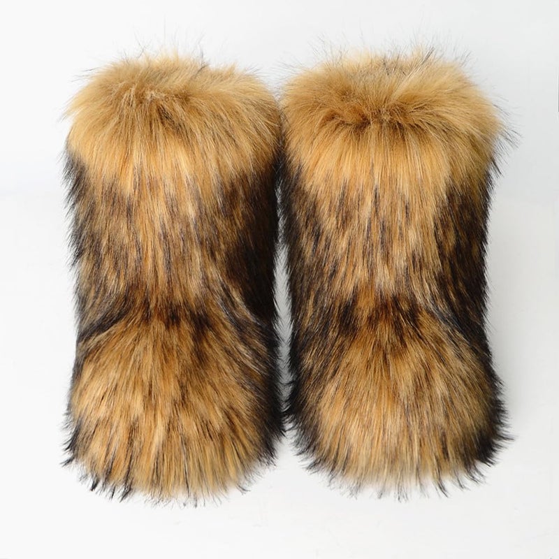 QMFUR Women's Furry Faux Fur Boots Knee High Snow Boots Fuzzy Fluffy Flat boot Winter Warm Fashion Boots (Brown, adult, women, numeric_7, numeric, us_footwear_size_system, medium) - Image 2