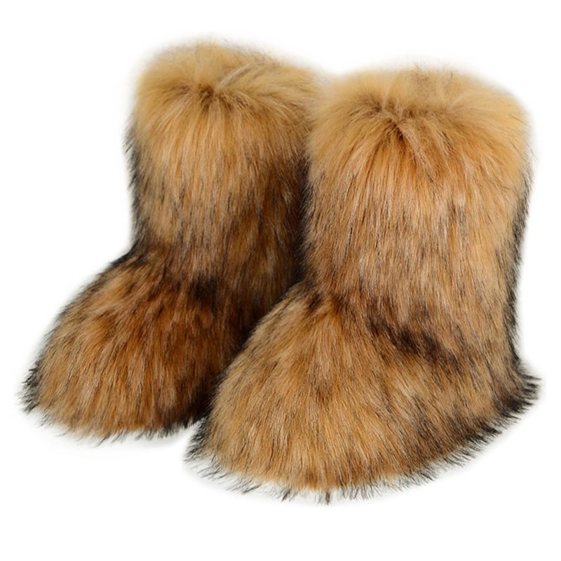 QMFUR Women's Furry Faux Fur Boots Knee High Snow Boots Fuzzy Fluffy Flat boot Winter Warm Fashion Boots (Brown, adult, women, numeric_7, numeric, us_footwear_size_system, medium) - Image 1