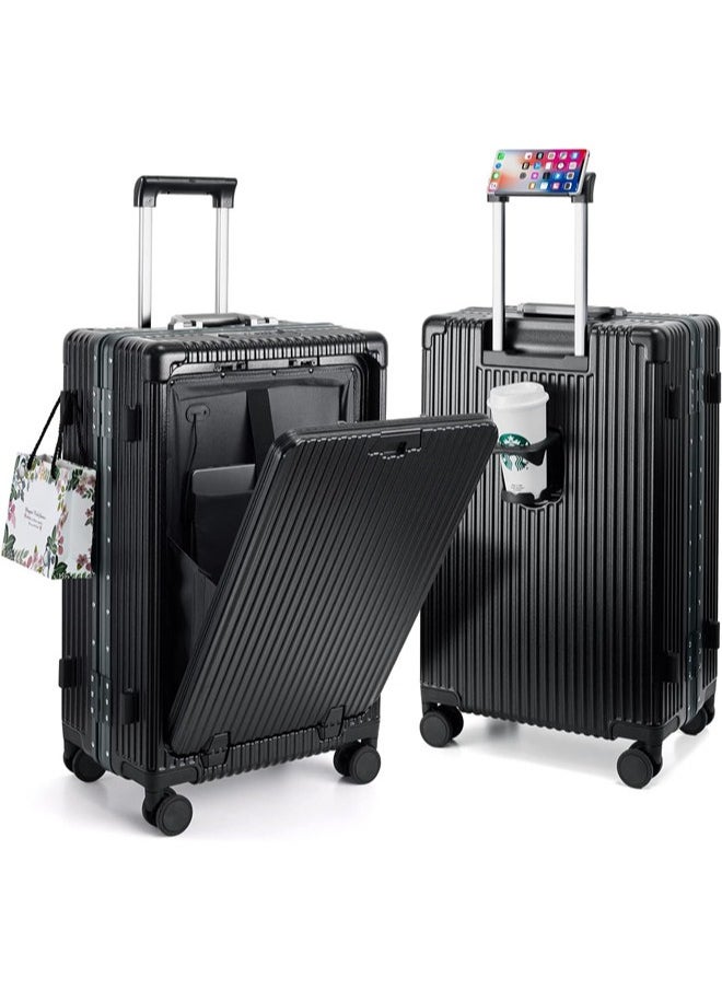 Denzoz 20" Travel Luggage Carry On Luggage with Spinner Wheels Aluminum Framed Carry On Suitcase with Front Open Laptop Compartment/Pocket 55x25x38 CM Large Checked-in Luggage  - Image 1