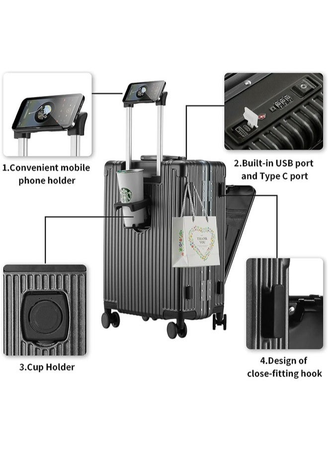 Denzoz 20" Travel Luggage Carry On Luggage with Spinner Wheels Aluminum Framed Carry On Suitcase with Front Open Laptop Compartment/Pocket 55x25x38 CM Large Checked-in Luggage  - Image 3