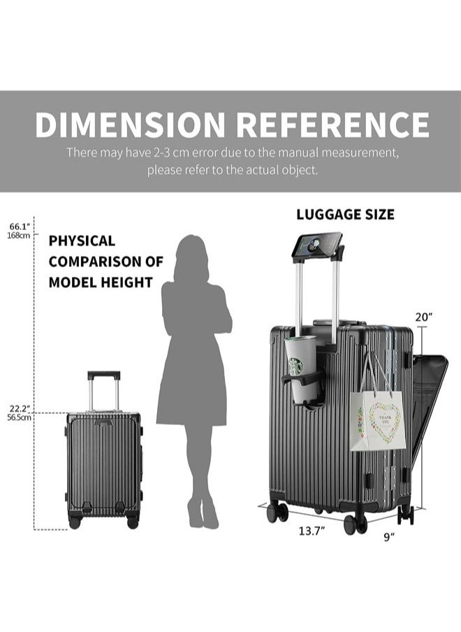 Denzoz 20" Travel Luggage Carry On Luggage with Spinner Wheels Aluminum Framed Carry On Suitcase with Front Open Laptop Compartment/Pocket 55x25x38 CM Large Checked-in Luggage  - Image 5