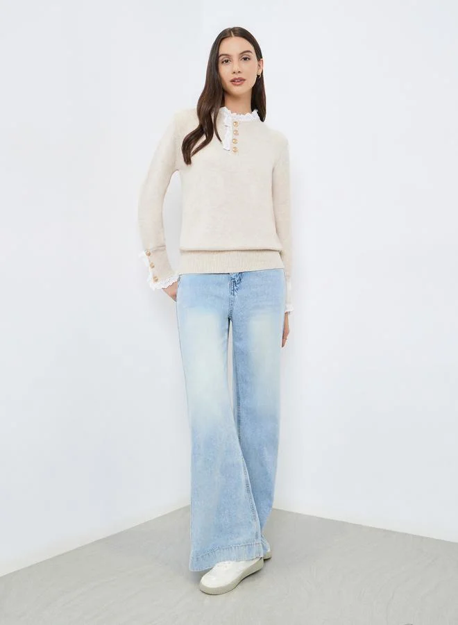 Take Two Solid Lace Trim Neck Metal Long Sleeve Sweater