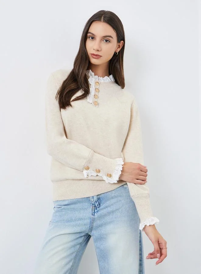Take Two Solid Lace Trim Neck Metal Long Sleeve Sweater