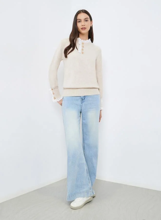 Take Two Solid Lace Trim Neck Metal Long Sleeve Sweater