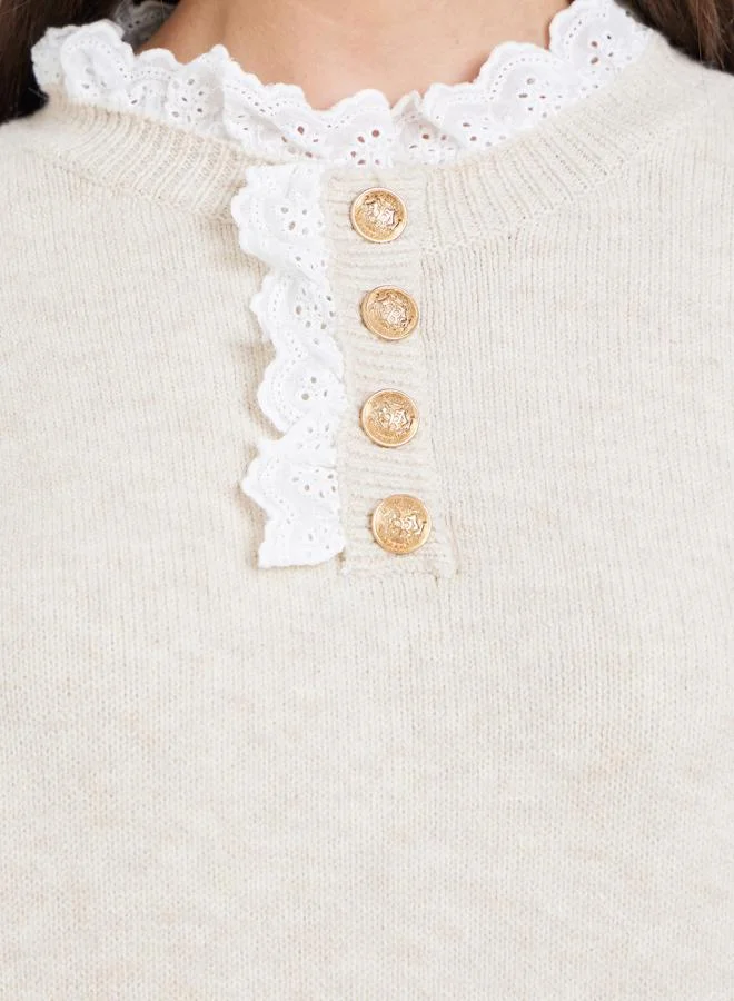 Take Two Solid Lace Trim Neck Metal Long Sleeve Sweater
