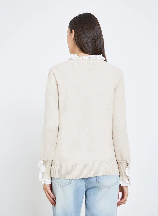 Take Two Solid Lace Trim Neck Metal Long Sleeve Sweater