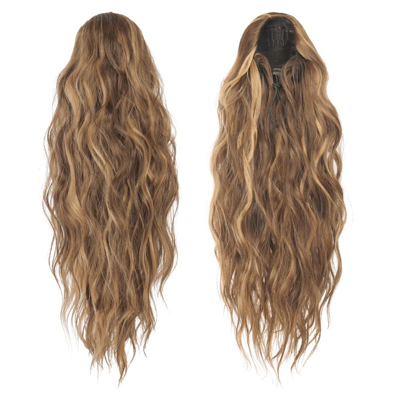 FESHFEN Ponytail Extensions - Drawstring Ponytails Hair Extension Long Curly Wavy Hair Piece Synthetic Pony Tail Hairpieces for Women, Golden Brown Mix Blonde 18 inch - Image 2