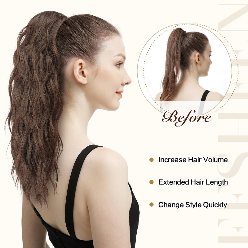 FESHFEN Ponytail Extensions - Drawstring Ponytails Hair Extension Long Curly Wavy Hair Piece Synthetic Pony Tail Hairpieces for Women, Golden Brown Mix Blonde 18 inch - Image 5